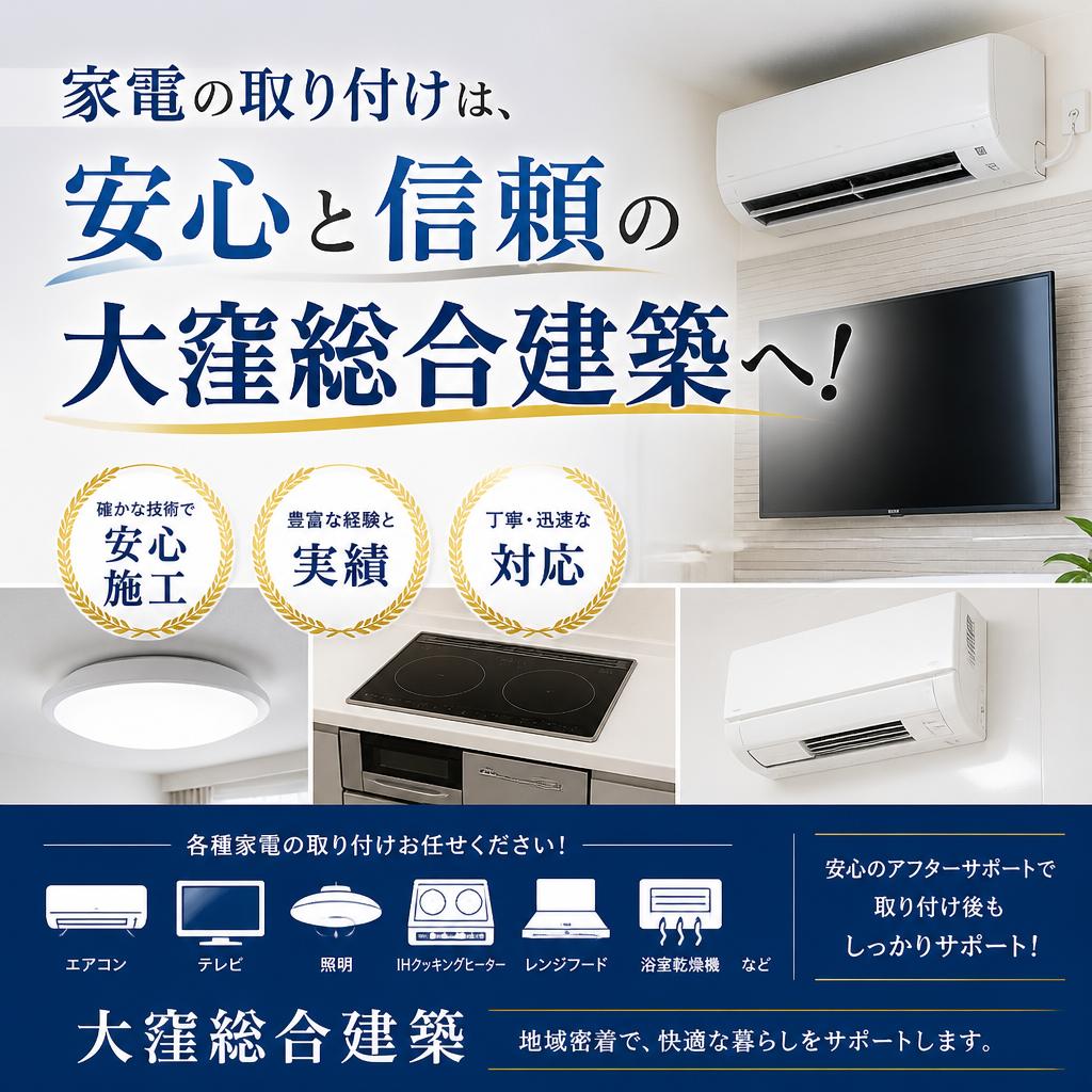 家電の取り付けは、安心と信頼の大窪総合建築へ！