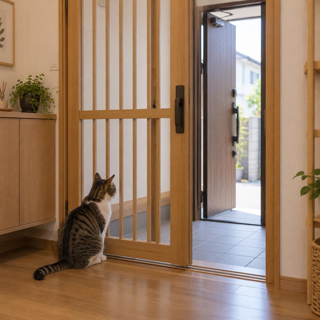 猫が脱走しない玄関・窓の二重扉造作リフォーム施工