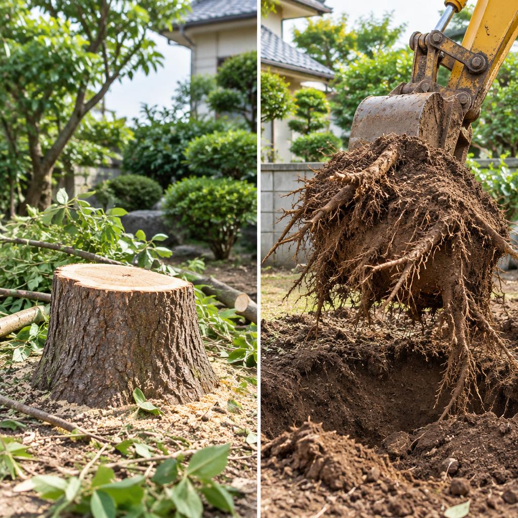 庭木の「伐採」と「抜根」、違いを知って納得の庭づくりへ。現地確認から処分まで、大窪総合建築にご相談ください。